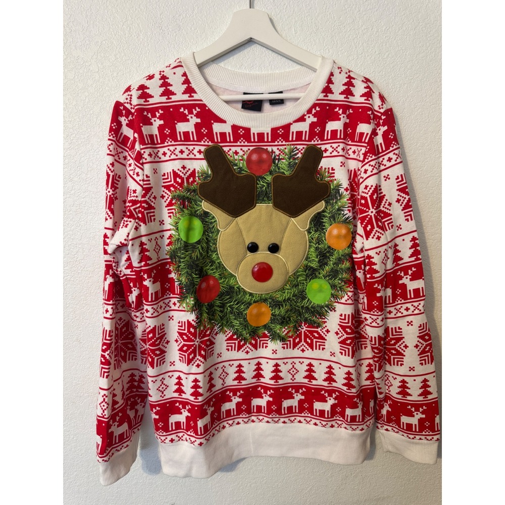 Mad Engine Christmas Sweater Reindeer Wreath Holiday Graphic Red White Large
